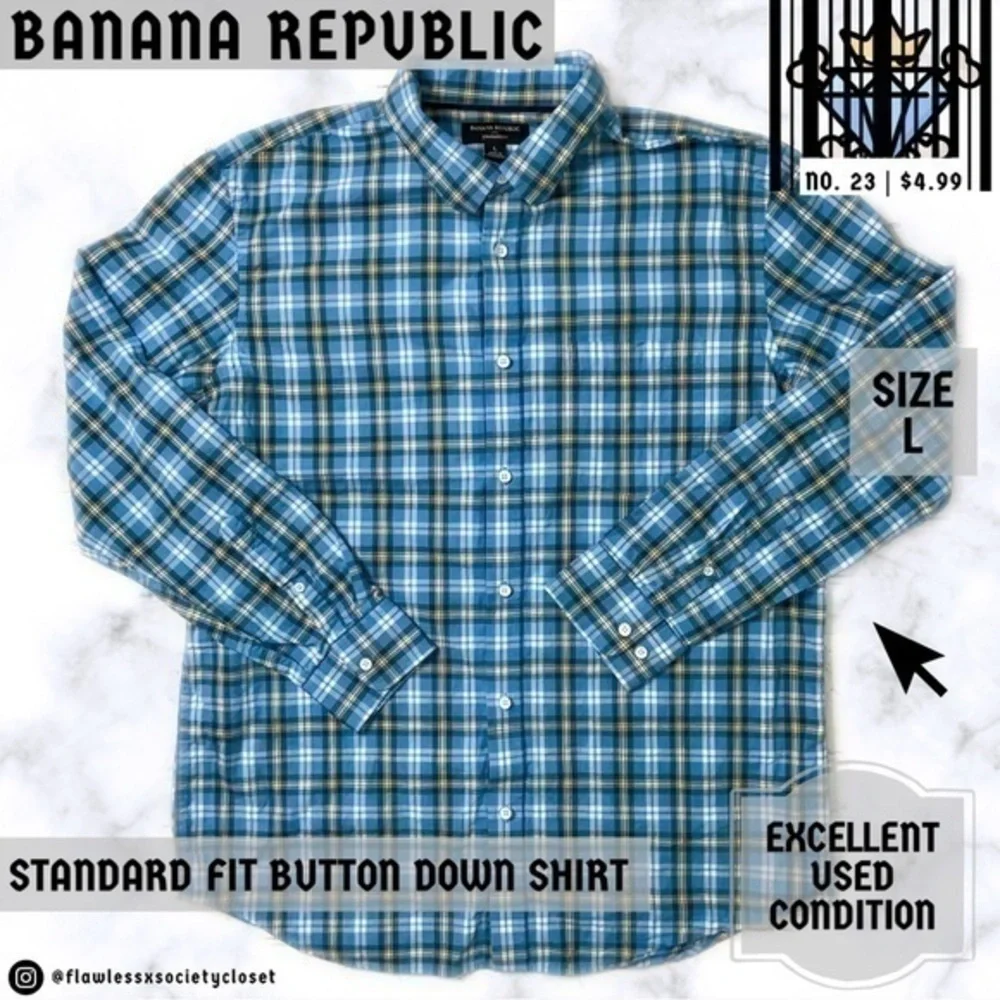 BANANA REPUBLIC MENS BLUE/YELLOW PLAID BUTTON DOWN SHIRT STANDARD FIT SIZE LARGE